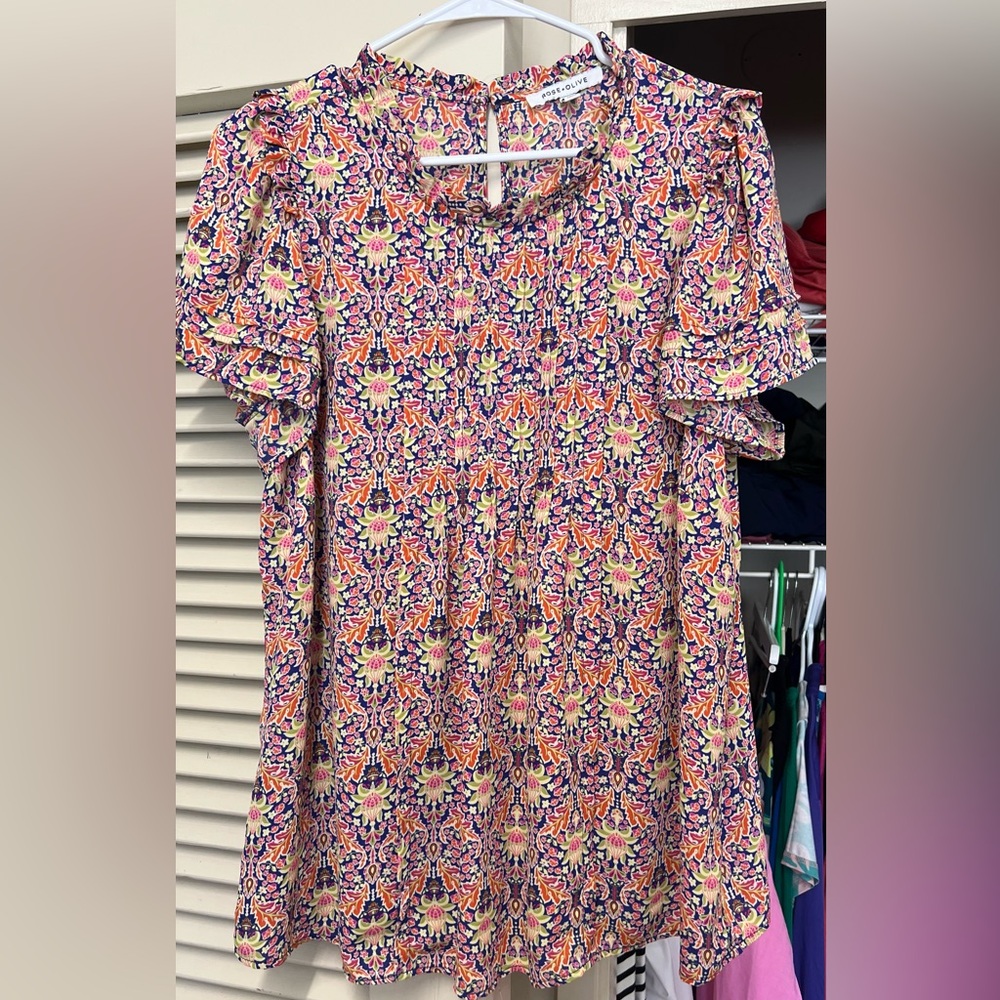 🌺 Rose + Olive Boho Floral Blouse – Size 1X